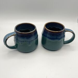Studio Art Pottery Coffee Mugs Blue 2 Tone Stoneware Cups Hand Crafted Set of 2